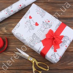 Подарочная бумага белая с принтом "День влюбленных", 0.7×8 м рулон