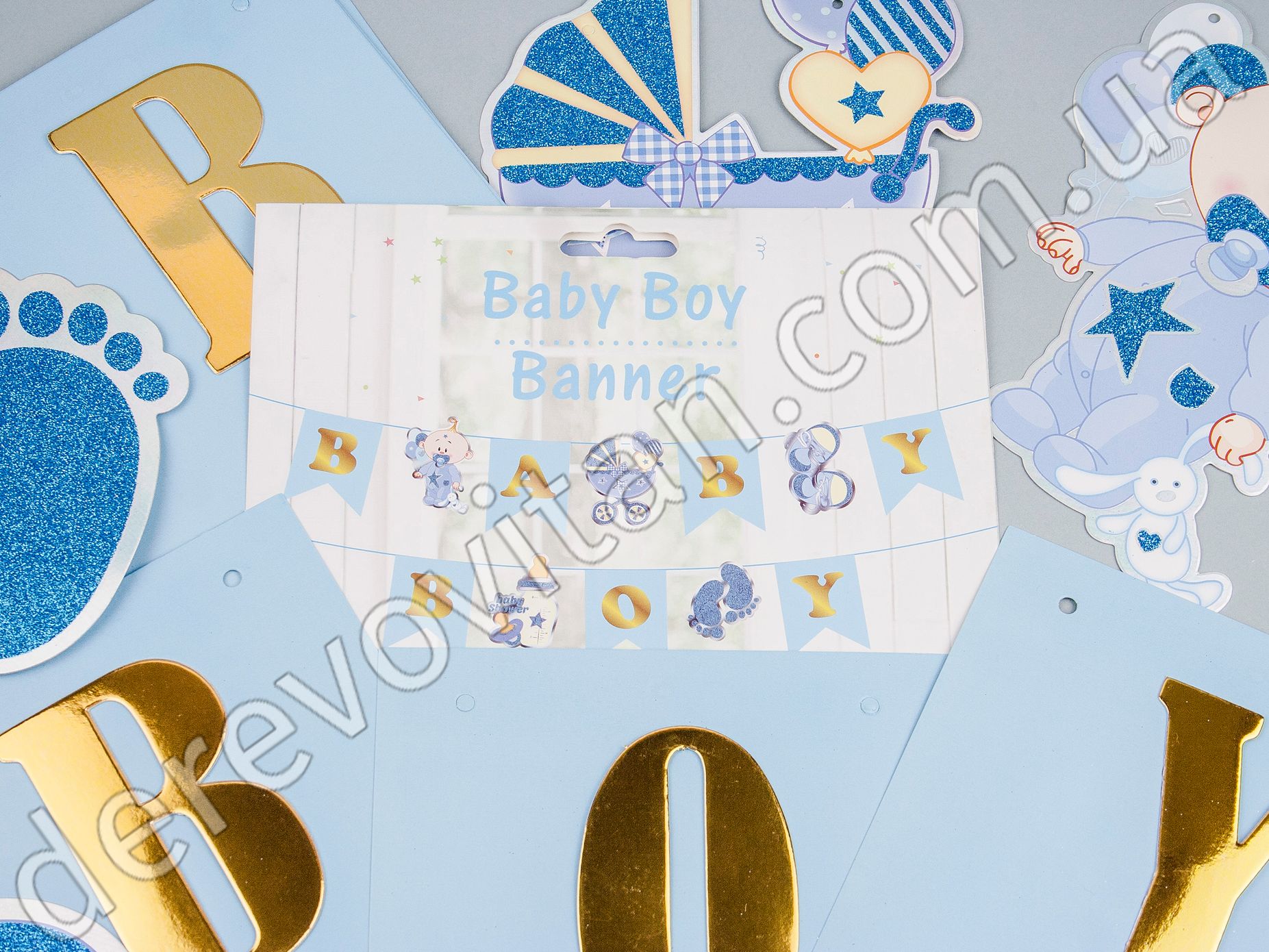 Гірлянда для хлопчика на Baby Shower "Baby Boy", блакитна, 15×19 см×3 м
