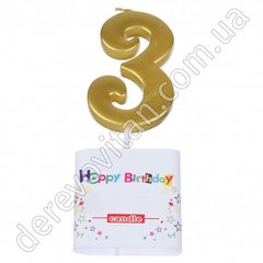 Свічка-цифра "3" для торта/капкейка, золото/срібло, 2.5×4.5 см