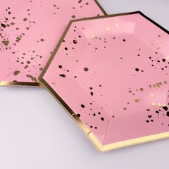 Тарілки святкові одноразові, рожеві з золотим принтом, 10 шт., 19.5×23 см