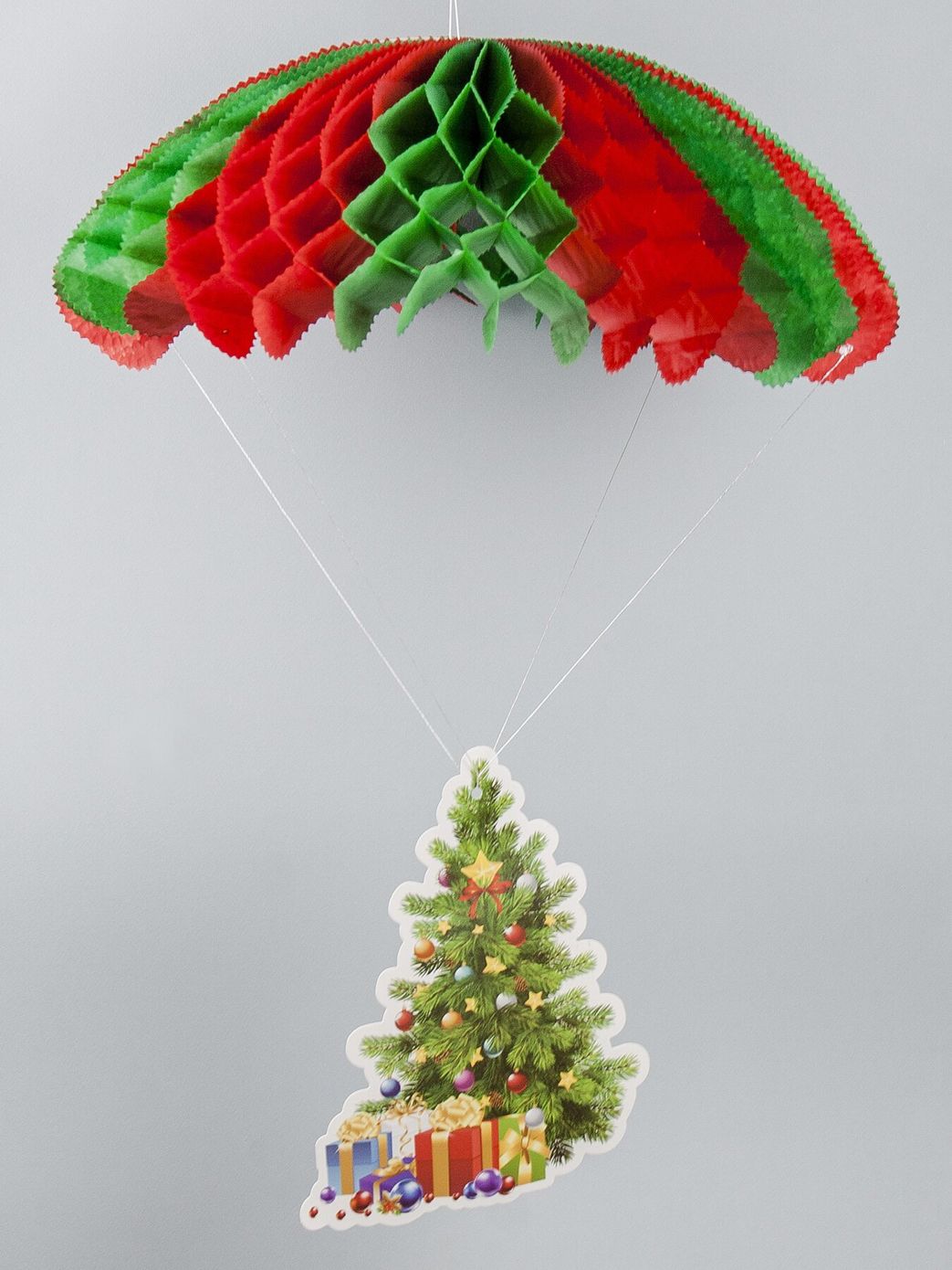 Підвісний новорічний декор "Ялинка на парашуті", висота ~52 см
