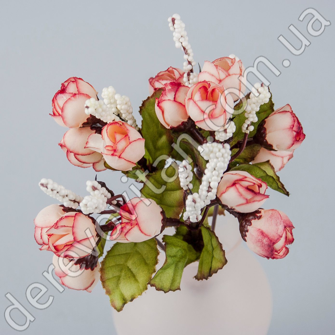 Букетик штучних ранункулюсів на ніжці, кремово-рожевий, 15 квіток, ~11×23 см