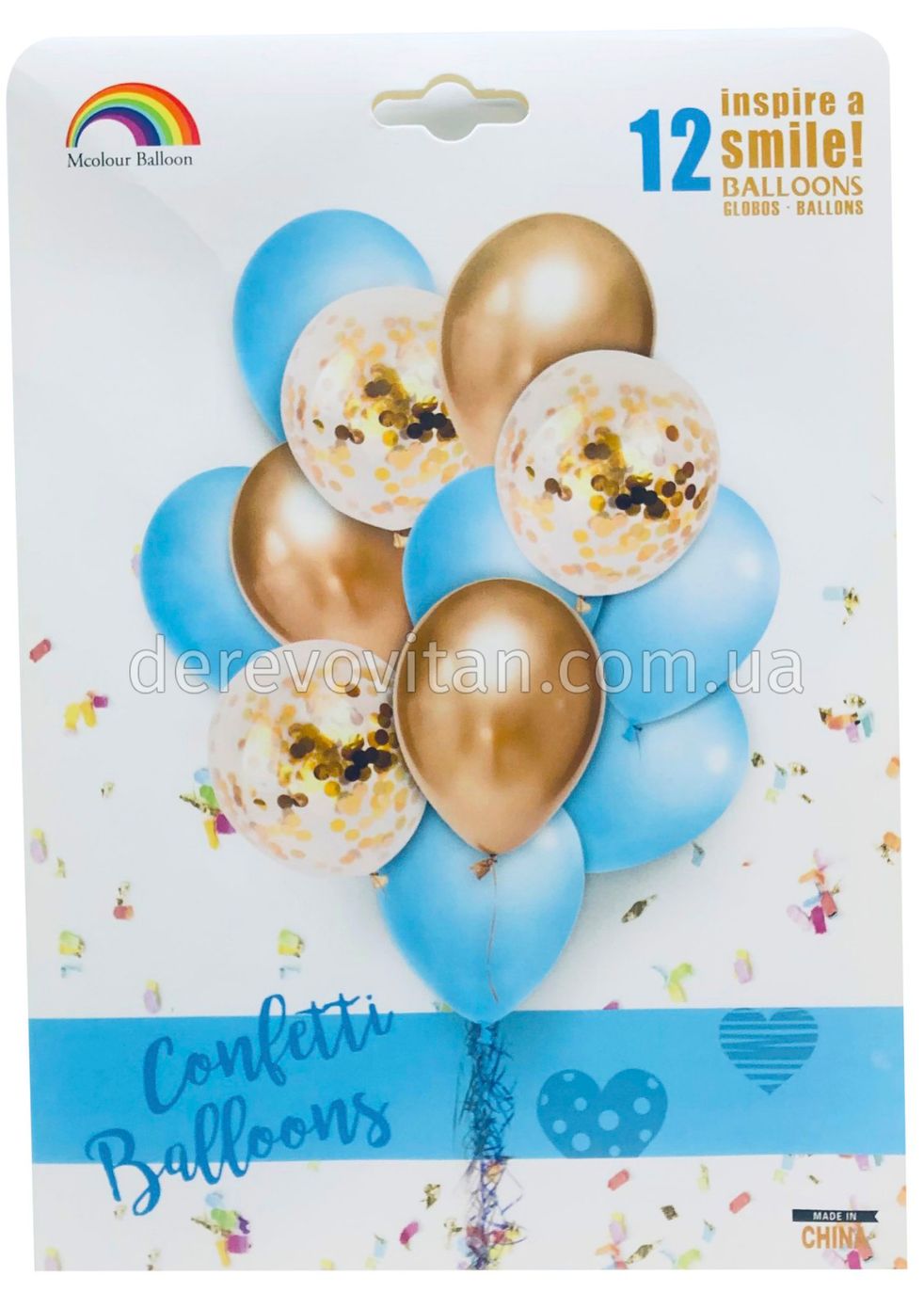 Набір повітряних кульок з конфетті, блакитно-золотий, 12 шт. 30 см