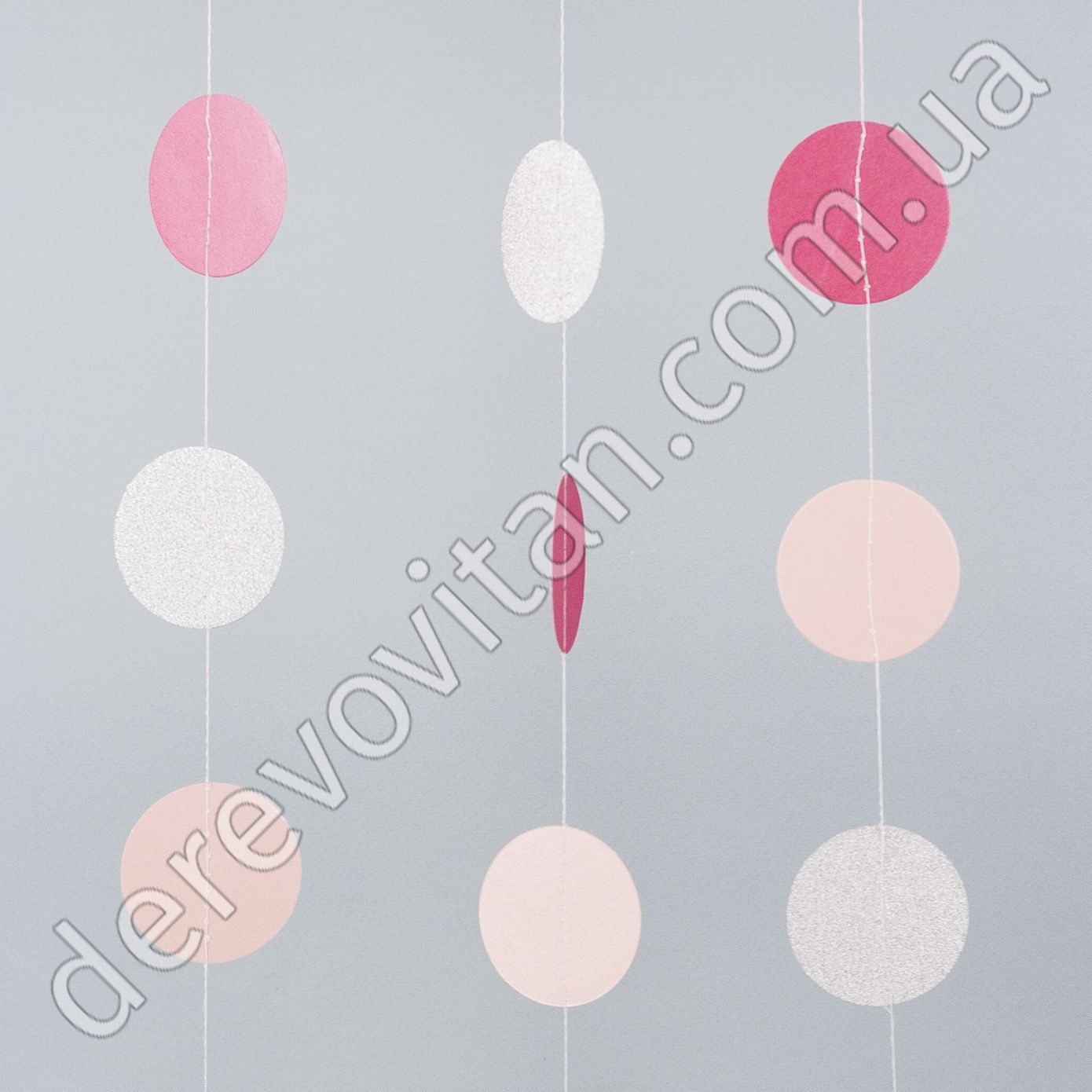 Гірлянда вертикальна на нитці "Кружечки", рожеві та срібло, ~2.2 м