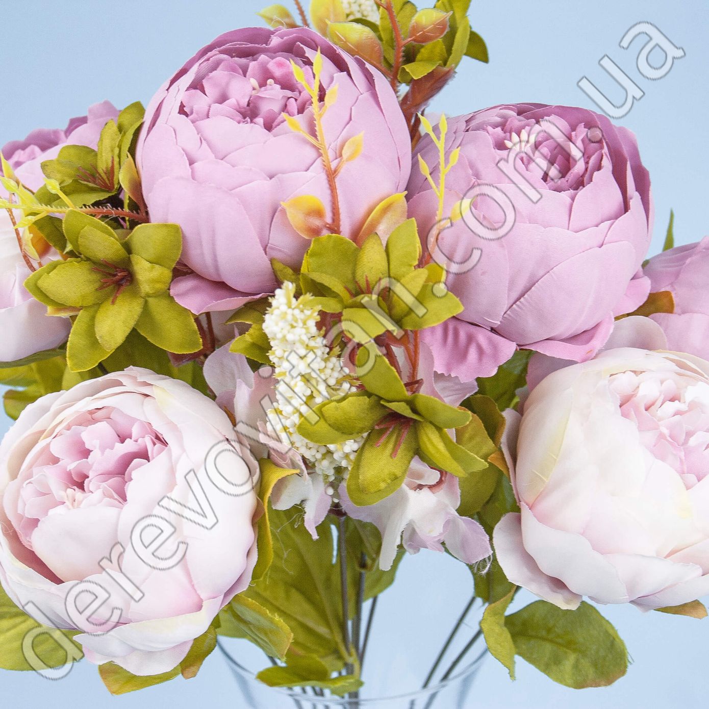 Штучні півонії рожево-бузкові, букет 8 квіток, 28×50 см