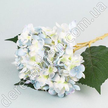 Гортензия искусственная с листьями, бело-голубая, ткань, 20&times;52 см