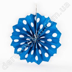 Подвесной веер, синий в белый горох, 20 см - бумажный декор-розетка