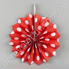Подвесной веер, красный в горох, 20 см - бумажный декор-розетка