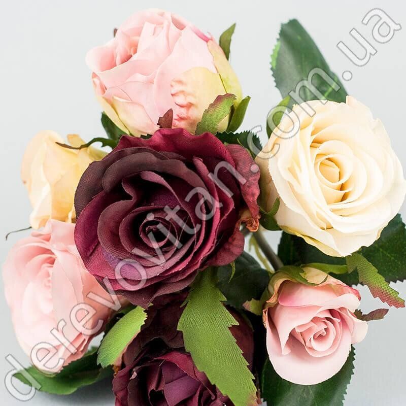 Букет штучних троянд, рожеві та сангрія, 7 шт., 16×22 см