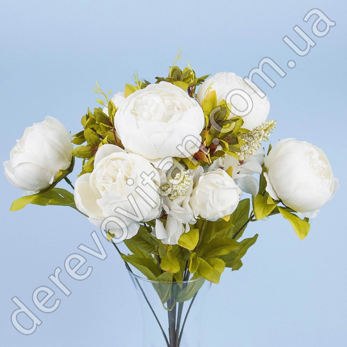 Штучні півонії білі "Ваніль", букет 8 квіток, 28×50 см
