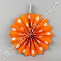 Подвесной веер, оранжевый в горох, 20 см - бумажный декор-розетка
