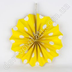 Подвесной веер, желтый в крупный горох, 30 см - бумажный декор-розетка
