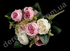 Розы пионовидные из ткани на ножке, розовые и кремовые, 9 веточек, 20×38 см