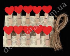 Мини-прищепки с красными сердечками, дерево, 10 шт. 3.5 см