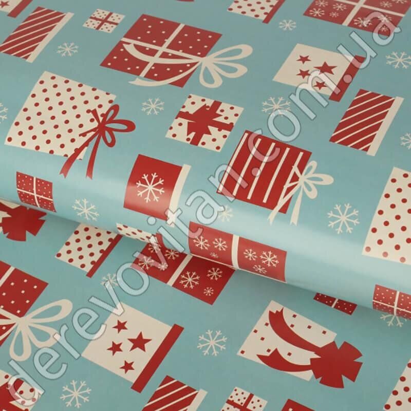 Бумага новогодняя упаковочная, голубая с рисунком "Подарки", 51×74 см, 20 листов