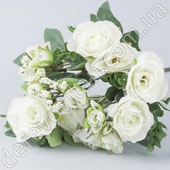 Троянди штучні з додатками на ніжці, білі, 14 квітів, 16×29 см