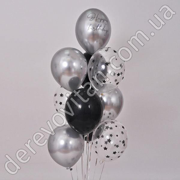 Фонтан воздушных шаров на День рождения, серебро, 30 см, 10 шт.