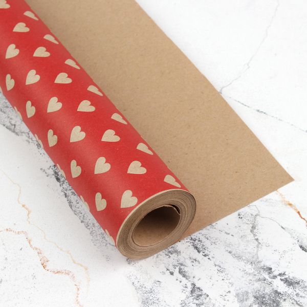 Крафтовий папір для подарунків червоний в сердечках, 0.7×8 м