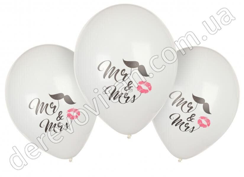 Кулі повітряні на весілля "Mr&Mrs", білі з принтом, 6 шт., 12″ (30.48 см)