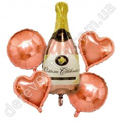 Набір повітряних куль "Серця та шампанське", рожеве золото, 5 куль