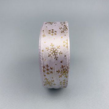 Новогодняя лента белая атласная "Снежинки", 2.5 см&times;18 м