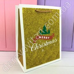 Пакети новорічні подарункові в блискітках Merry Christmas, золото, 42×31×12 см, 12 шт.