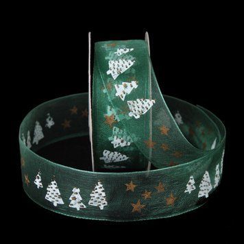 Новогодняя лента зеленая "Елочки", 2.5 см&times;18 м, органза