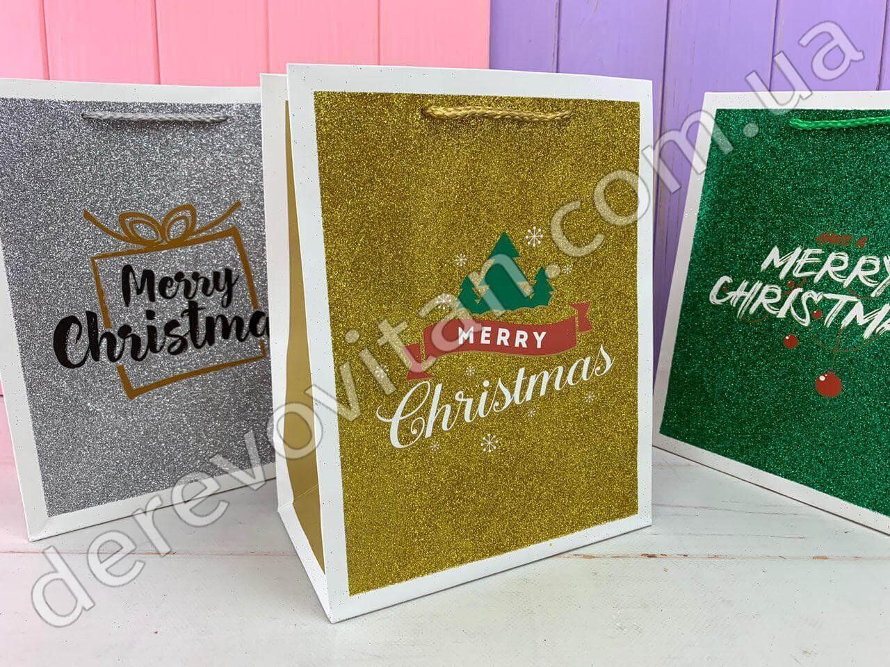 Пакеты новогодние подарочные с глиттером "Merry Christmas", 32&times;26&times;12 см, 12 шт.