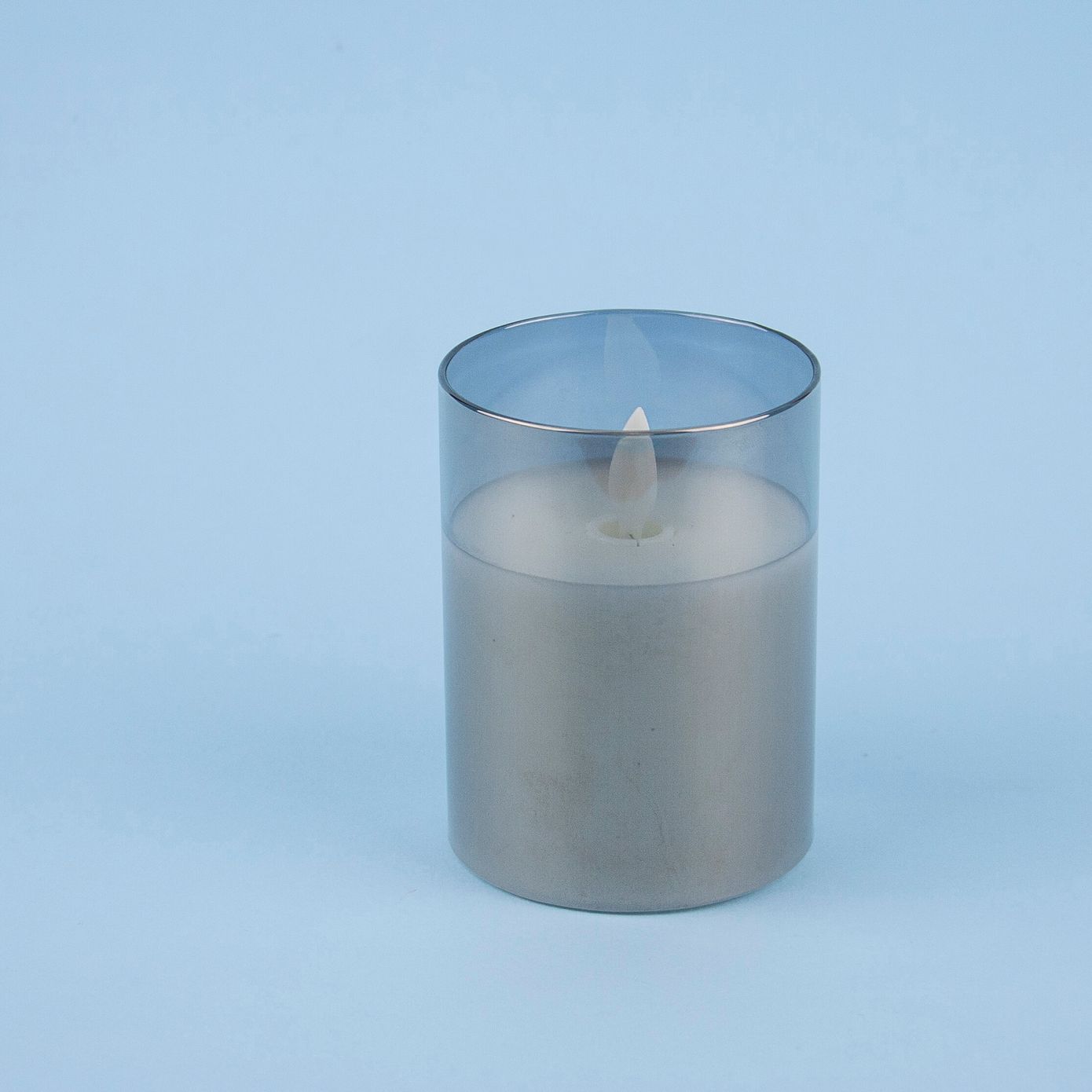 LED свічка з рухливим полум'ям в стакані, сіра, 7.5×10 см
