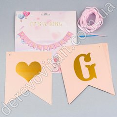 Гирлянда для девочки "It`s a Girl" с сердцами, персиково-розовая, 16×20×3 м