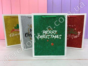 Пакеты новогодние подарочные с глиттером "Merry Christmas", 32&times;26&times;12 см, 12 шт.