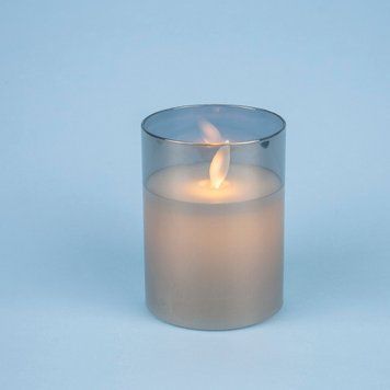 LED свеча с подвижным пламенем в стакане, серая, 7.5&times;10 см