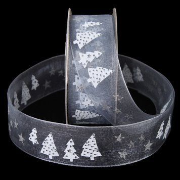 Лента новогодняя серая "Елочки", 2.5 см&times;18 м, органза