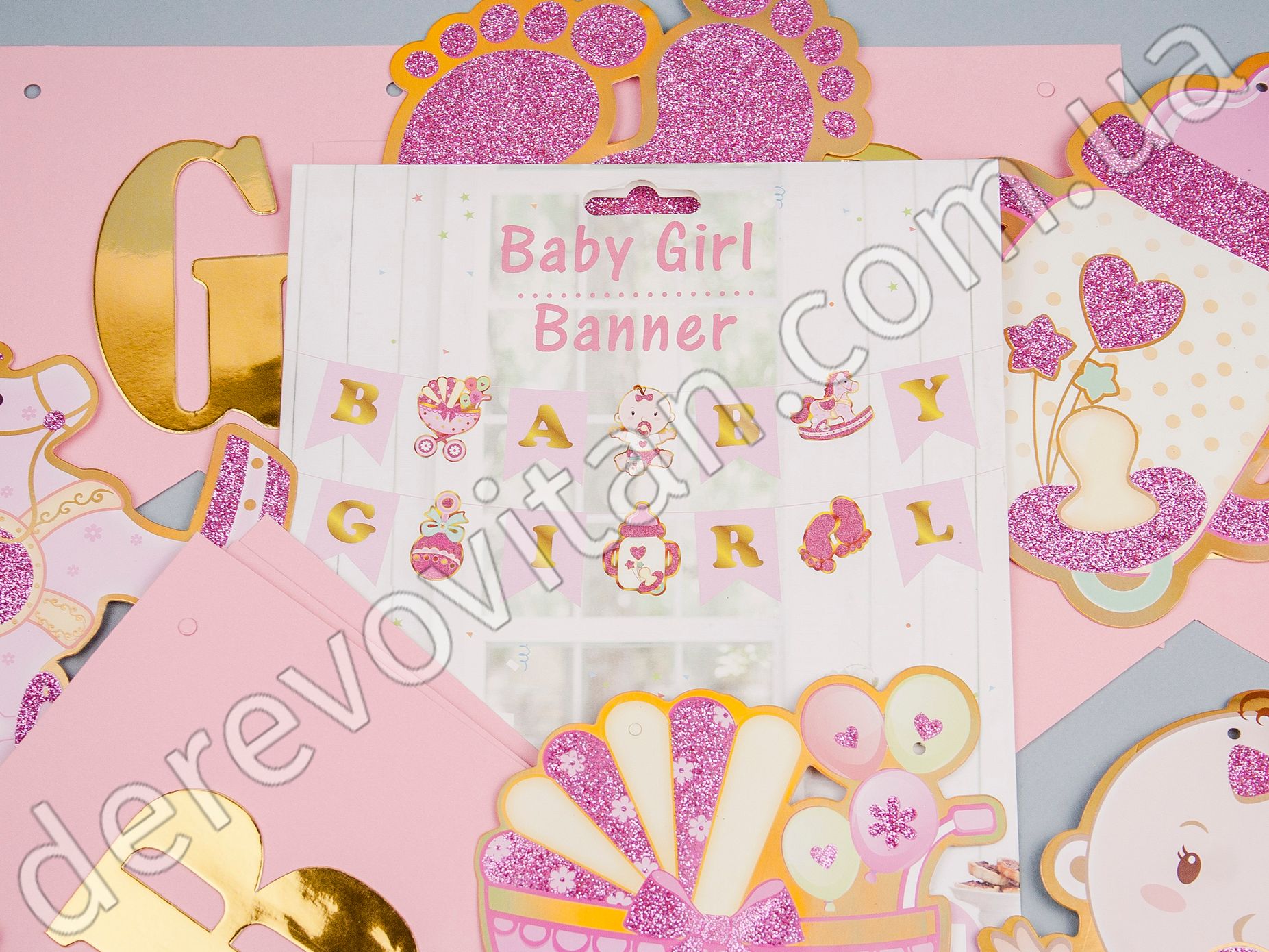 Гирлянда для девочки на Baby Shower "Baby Girl", розовая, 15×19 см×3 м