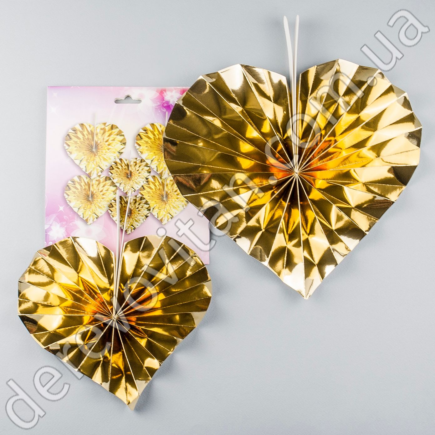 Набор подвесных вееров "Сердце", золото, 6 шт. по 18 и 25 см