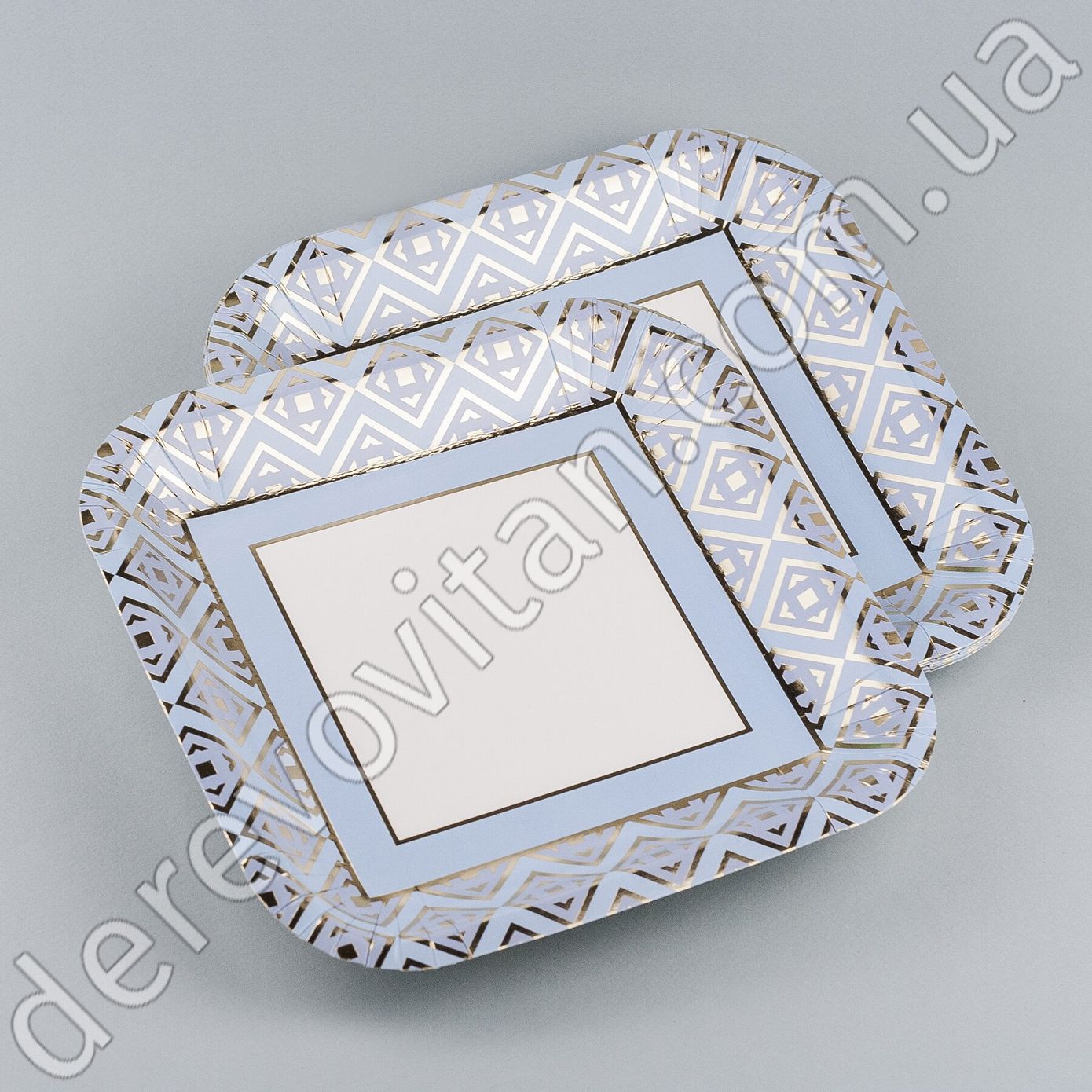 Квадратні святкові паперові тарілки з орнаментом, блакитні, 10 шт., 24×24 см