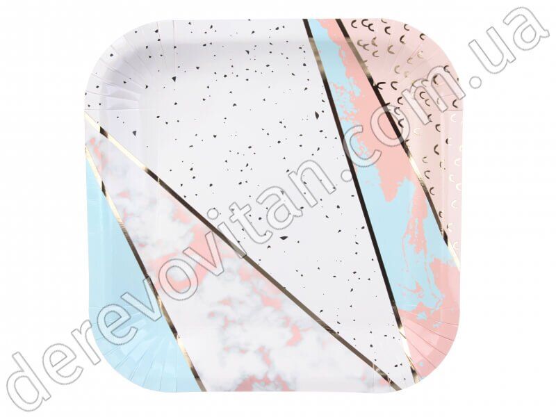 Квадратные праздничные тарелки "Мрамор", бело-розово-голубые, 10 шт., 24×24 см