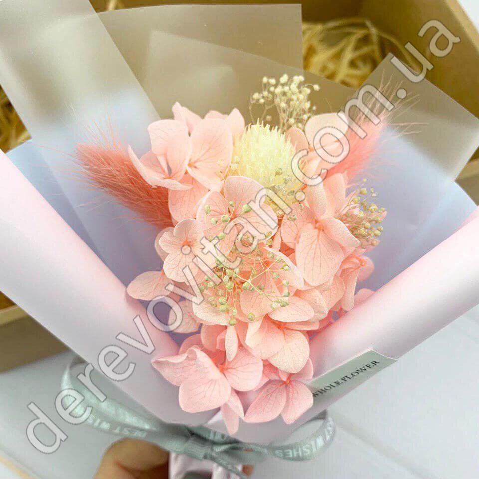 Букетик сухоцветов и искусственных цветов в коробке, светло-розовый, 12.5×18 см
