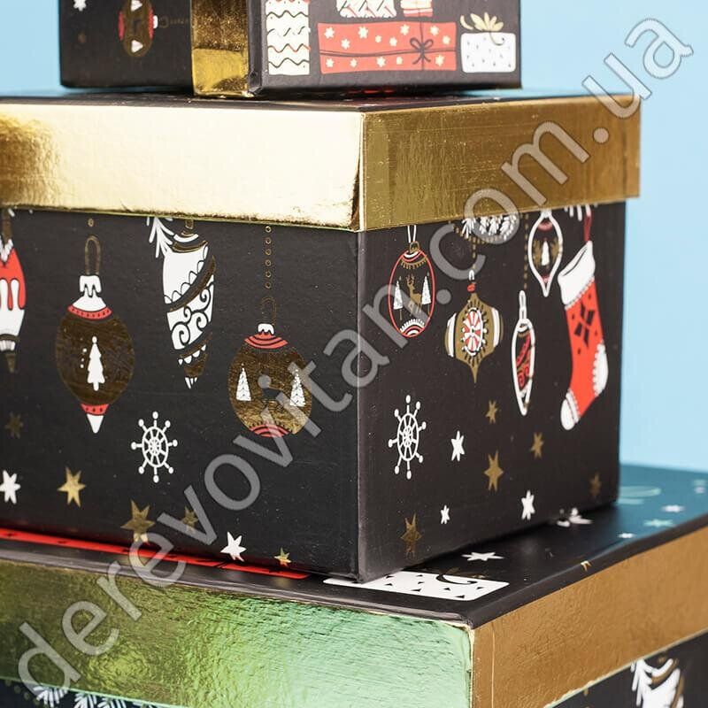 Подарункові коробки "Merry Christmas", чорні з золотом, набір з 6 шт.