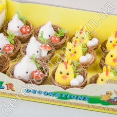 Пасхальный декор "Кролики и цыплята в гнездах из сизали", 12 шт.