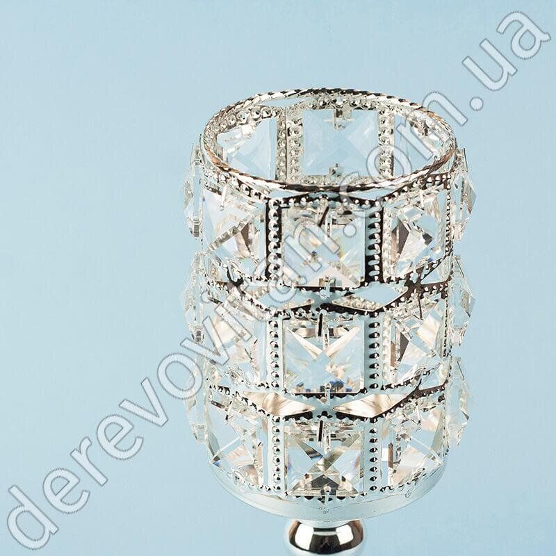 Свічник "Циліндр" сріблястий, на ніжці з акриловими кристалами, 8.5×25 см