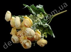 Ранункулюси з тканини в букеті з добавками, кремово-жовті, 15 квіток ~15×32 см