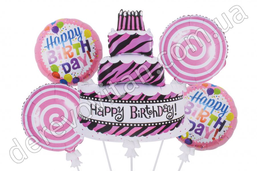 Набір повітряних куль "Торт Happy Birthday", рожево-чорний, 5 шт.