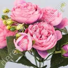 Розы шелковые пионовидные в букете, розовые, 5 веточек, 17×28 см