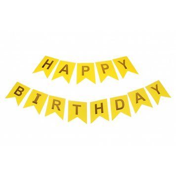 Гірлянда із прапорців "Happy Birthday", жовта з золотом, 12.5&times;16.4&times;2 м