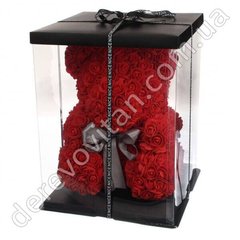 Мишка из 800 роз (фоамиран) в подарочной упаковке, красный с серым бантом, 27 см