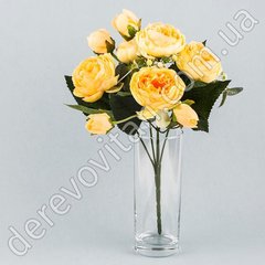 Розы шелковые пионовидные в букете, персиковые, 5 веточек, 17×28 см