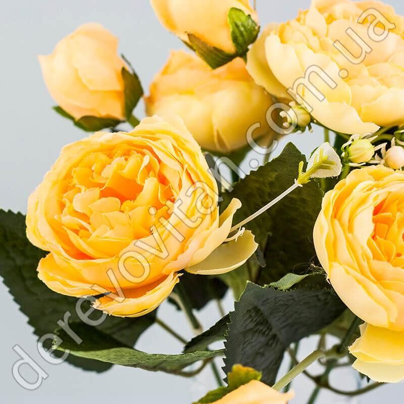 Розы шелковые пионовидные в букете, персиковые, 5 веточек, 17×28 см