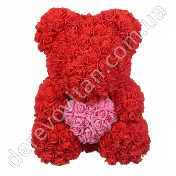 Мишка из 800 роз (фоамиран) в подарочной упаковке, красный с розовым сердцем, 27 см