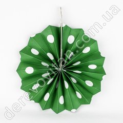 Подвесной веер, зеленый в горох, 20 см - бумажный декор-розетка